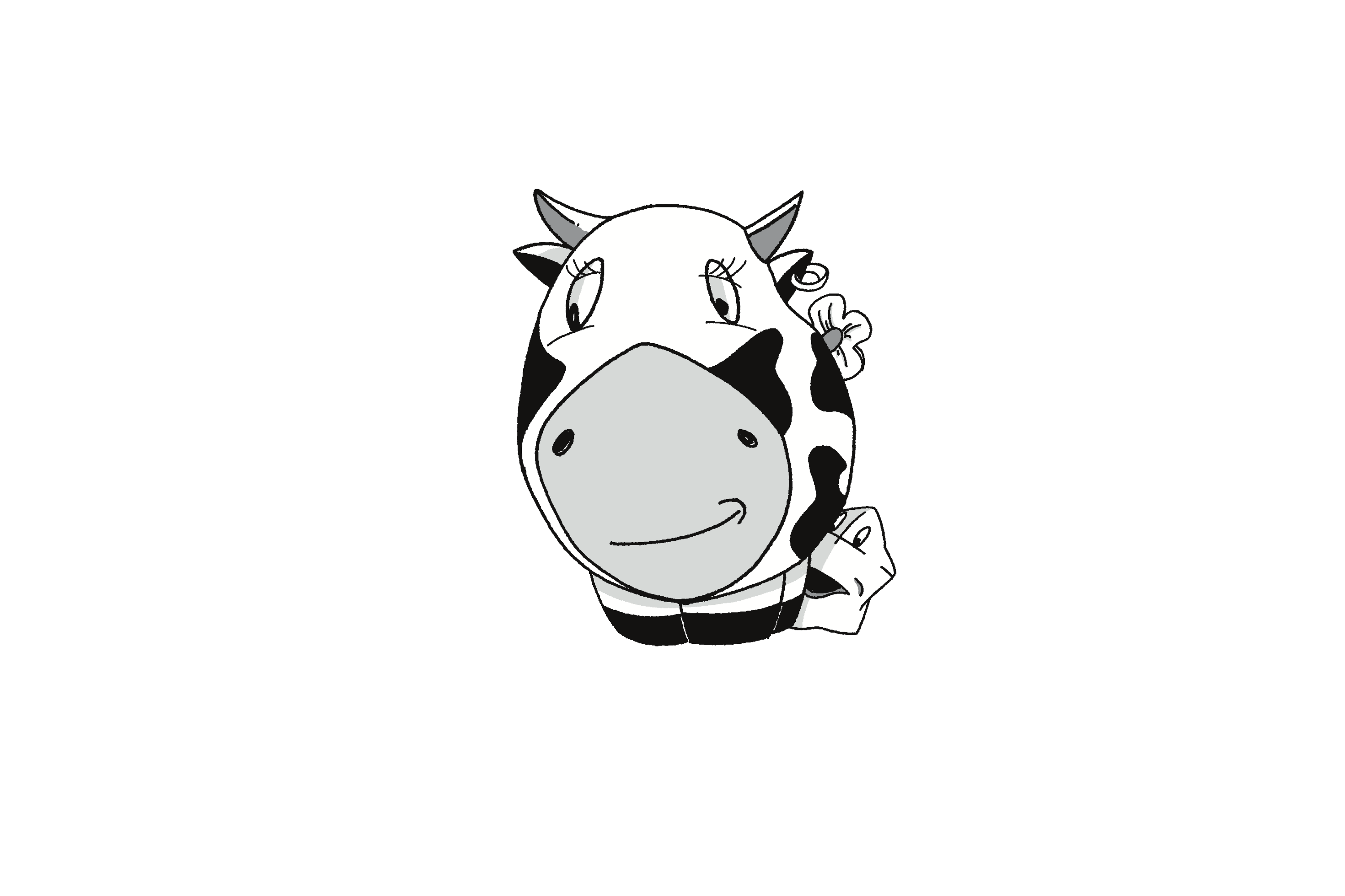 Auto-generated description: A cartoon cow with a playful expression holds a flower in its mouth against a black background.